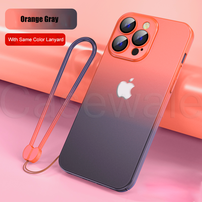 iPhone 14 Series Gradient Frosted Lanyard Case with Lens Protector & Wrist Strap