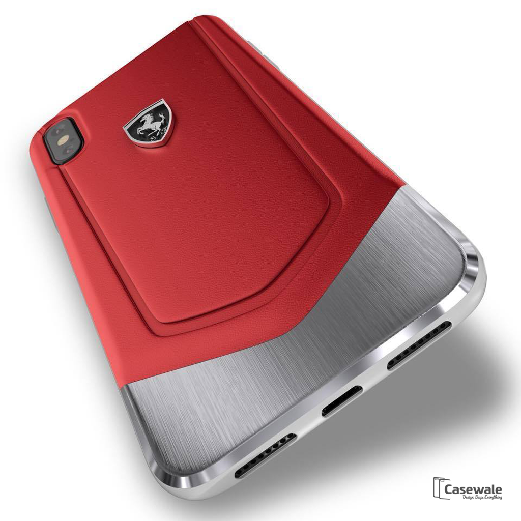 Ferrari Aluminium V Stripe Genuine Leather Case for iPhone XS