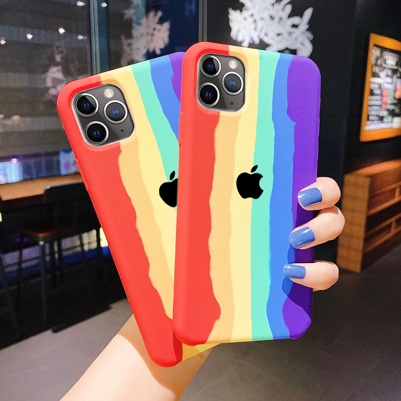 iPhone Series Rainbow Silicone Apple Logo Case (Free OTG+ USB Cable + Earphone Bag)