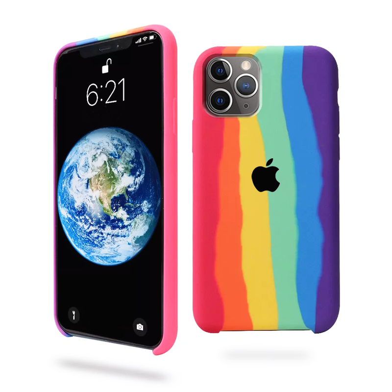 iPhone Series Rainbow Silicone Apple Logo Case (Free OTG+ USB Cable + Earphone Bag)