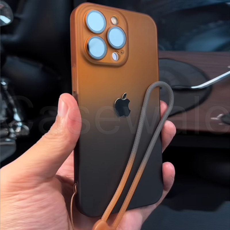 iPhone 14 Series Gradient Frosted Lanyard Case with Lens Protector & Wrist Strap