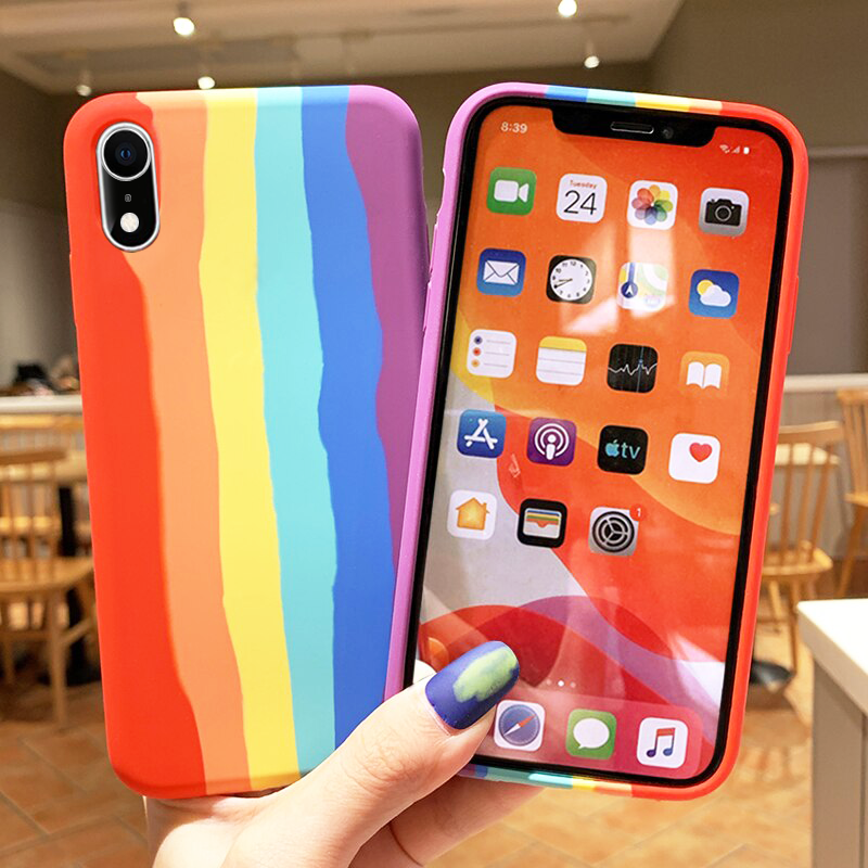 iPhone Series Rainbow Silicone Apple Logo Case (Free OTG+ USB Cable + Earphone Bag)