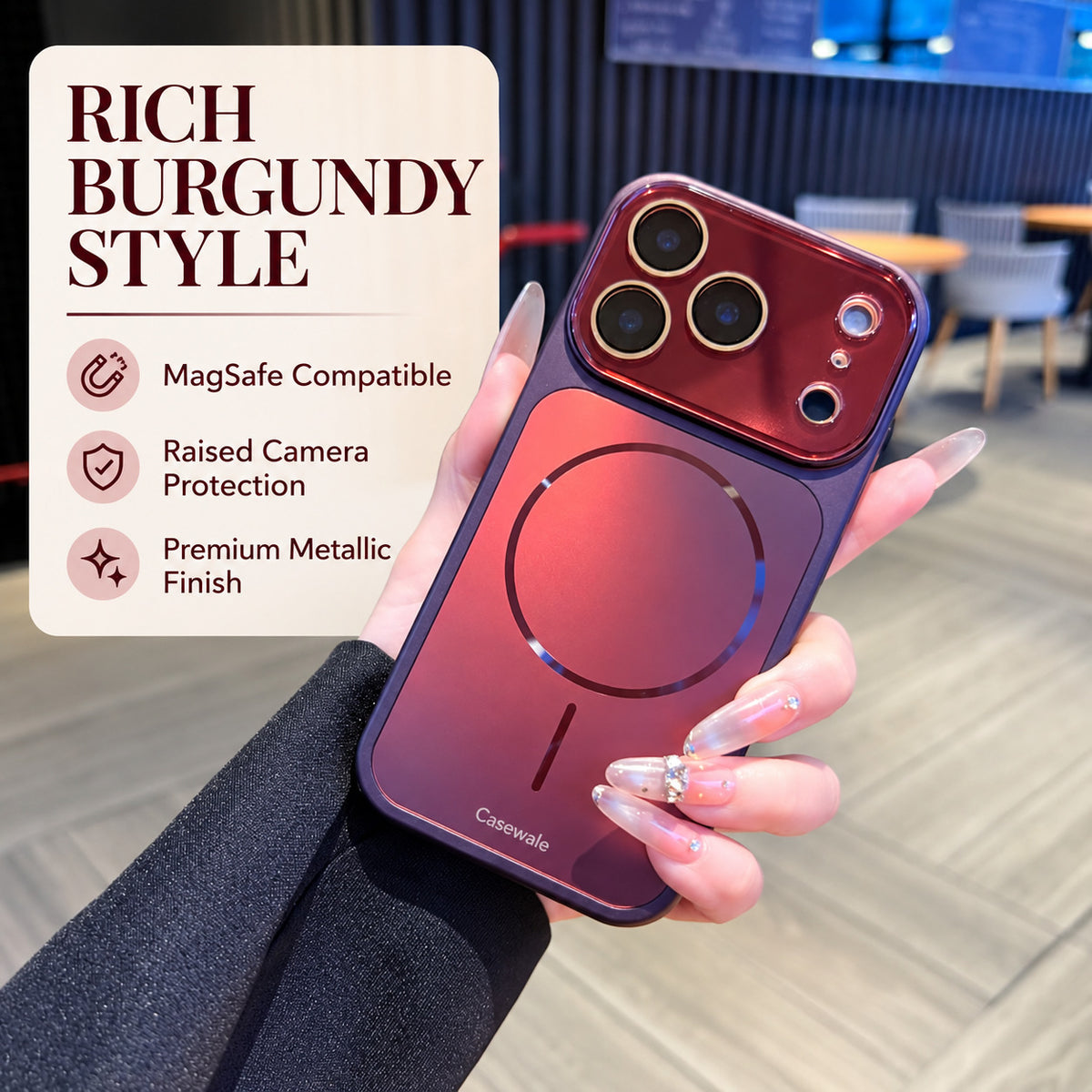 Burgundy MagSafe case with camera protection