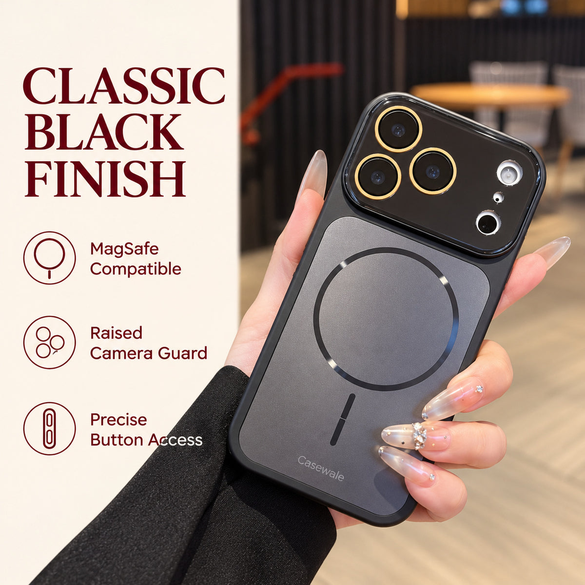 Black MagSafe case held diagonally with Casewale watermark