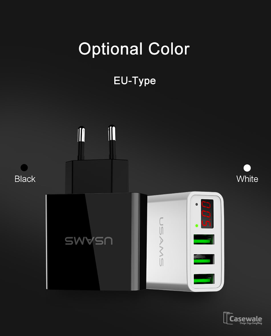 LED Display Max 2.4A EU/US Plug 3 Port USB Mobile Wall Charger for iPhone iPad