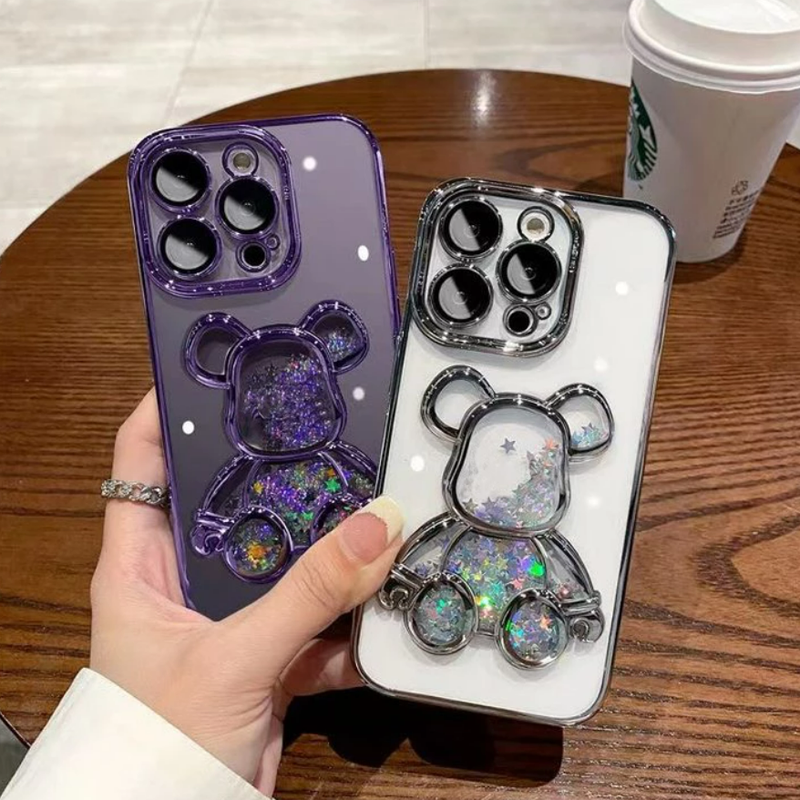 iPhone 14 Series Bear Glitter Transparent Electroplating Phone Case