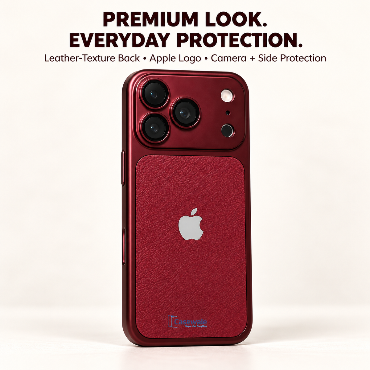 Square hero: Casewale burgundy leather-look iPhone case with bottom-center watermark
