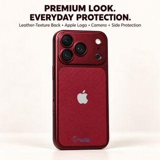 Square hero: Casewale burgundy leather-look iPhone case with bottom-center watermark