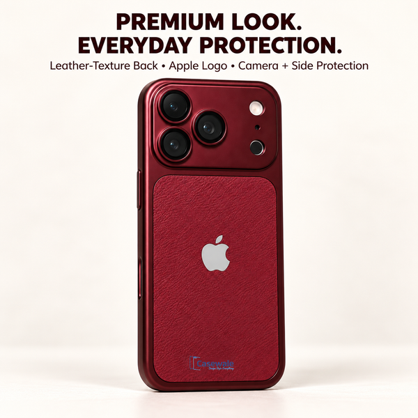 Casewale Apple Logo Burgundy Converter Case with Leather Back Finish for iPhone 16–18 Series