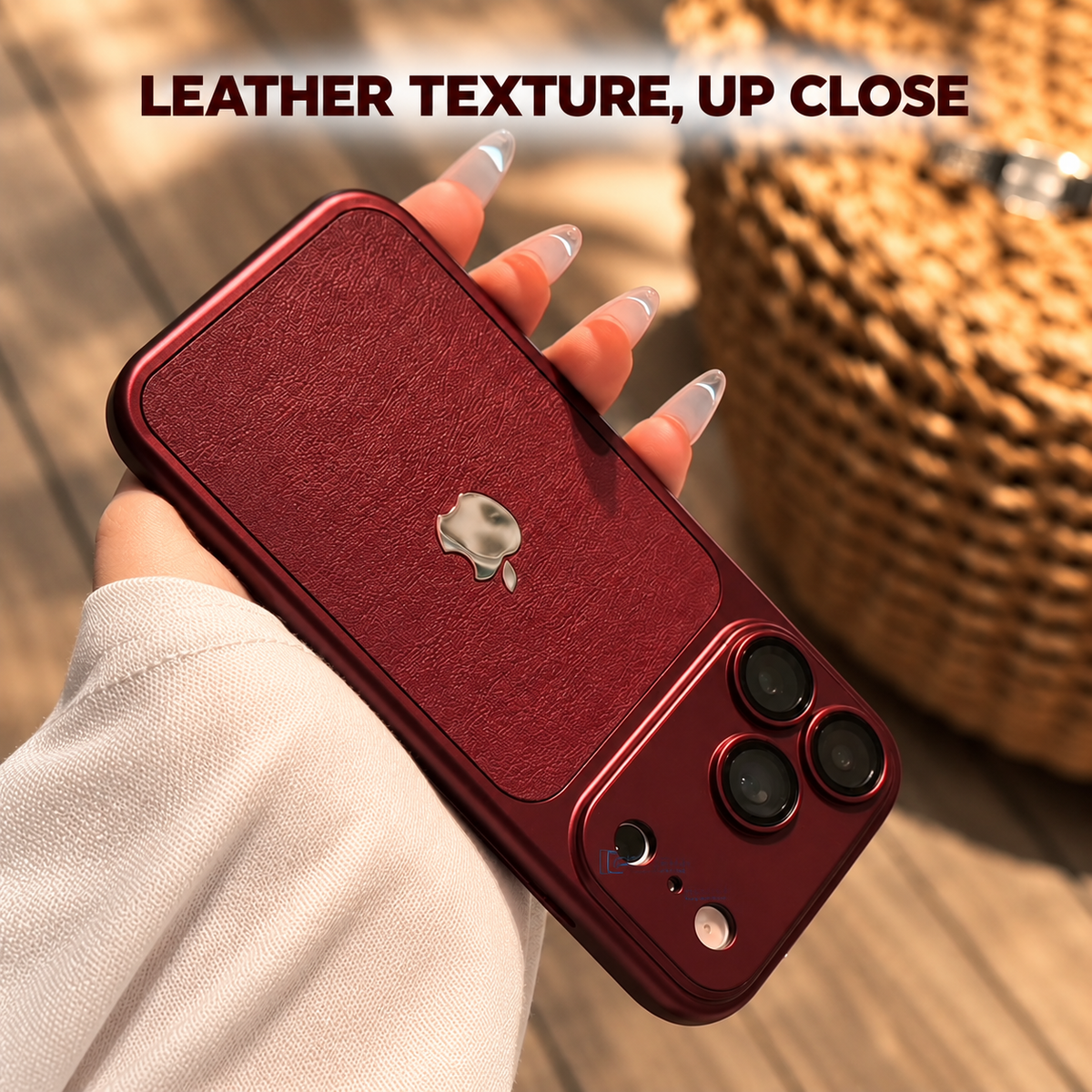 Square leather-texture close-up with warm lifestyle styling and Casewale watermark