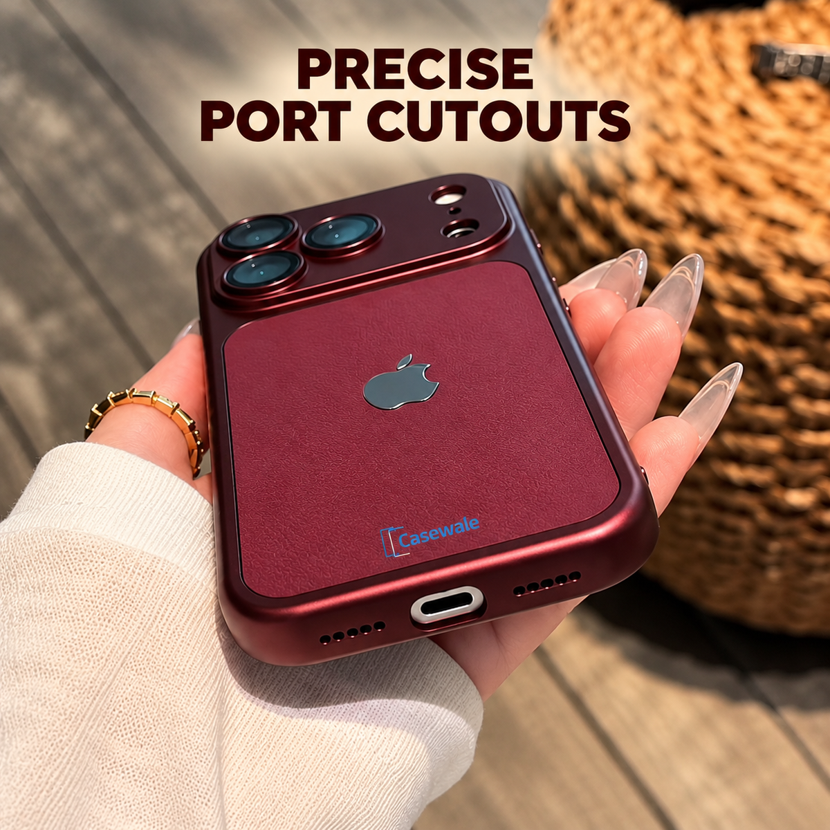 Precise port cutouts in the original warm lifestyle photo style