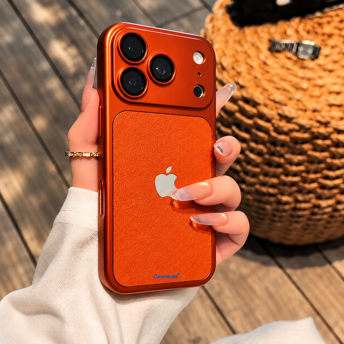 Cosmic Orange leather-back iPhone case square variant photo with Casewale watermark