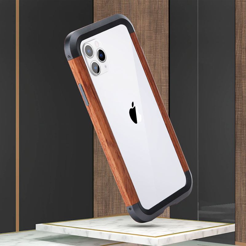 R-JUST Luxury Aluminum Metal Wood Bumper Case for iPhone 11 Series