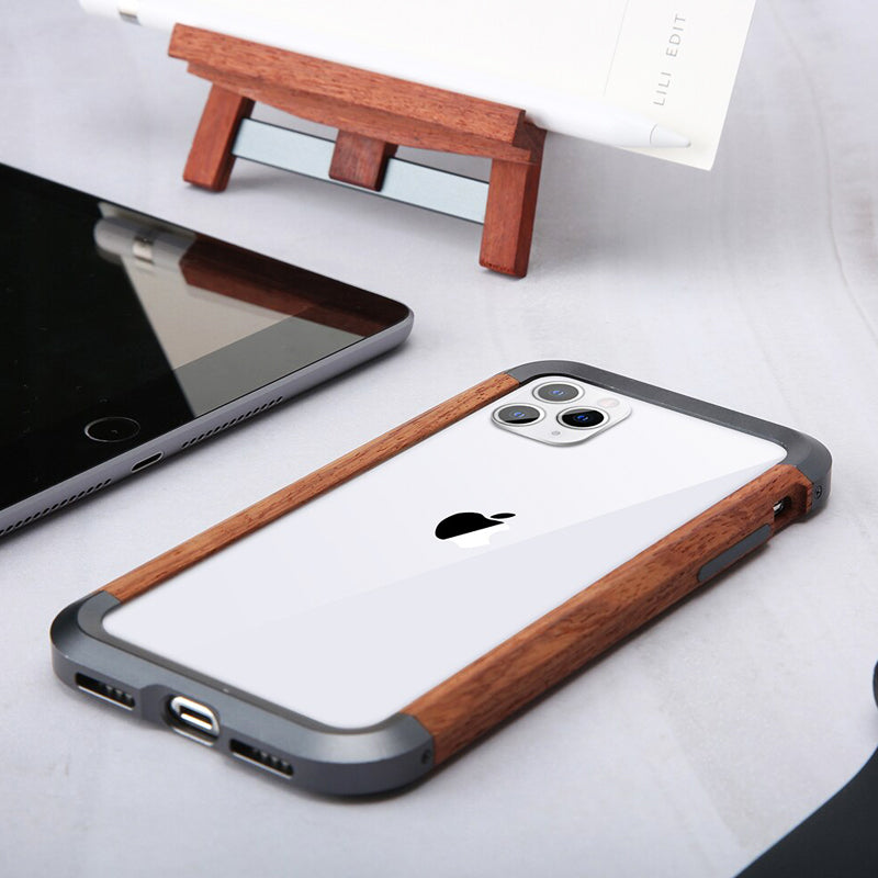 R-JUST Luxury Aluminum Metal Wood Bumper Case for iPhone 11 Series