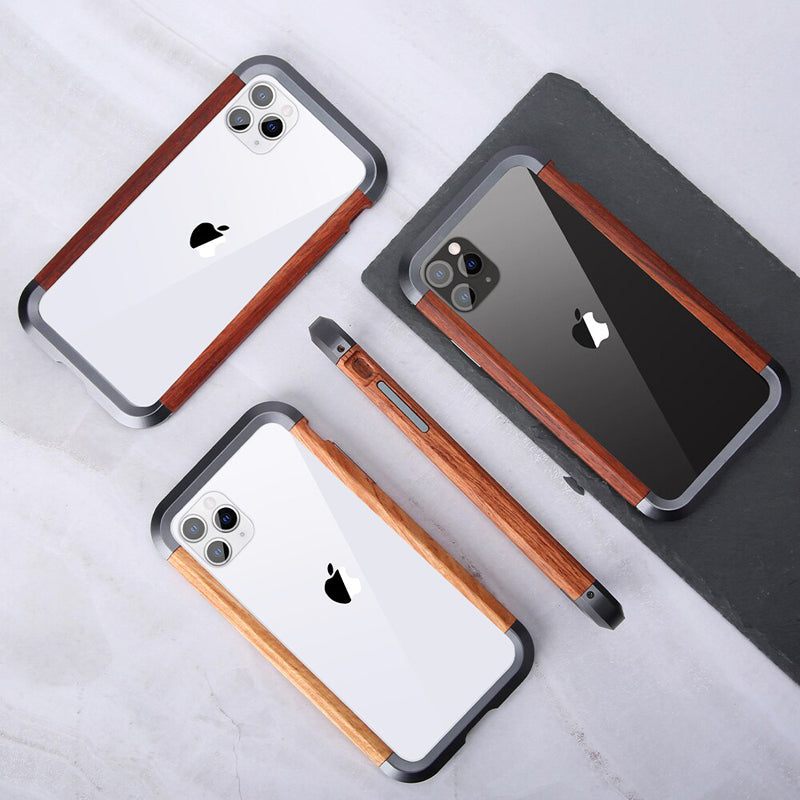 R-JUST Luxury Aluminum Metal Wood Bumper Case for iPhone 11 Series