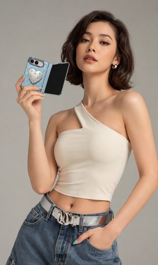 Blue quilted iPhone Duo with silver heart stand, alternate angle