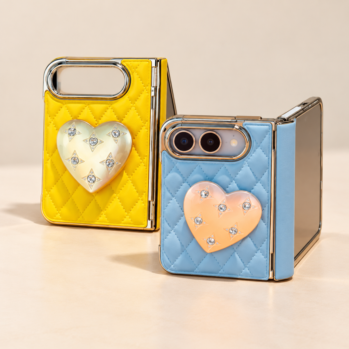 Blue and yellow quilted iPhone Duo cases with jeweled heart stands