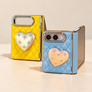 Blue and yellow quilted iPhone Duo cases with jeweled heart stands